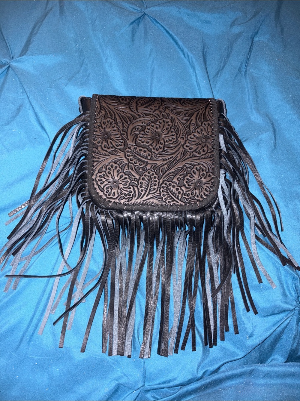 Montana West Fringed Tooled Leather Crossbody Bag - Black